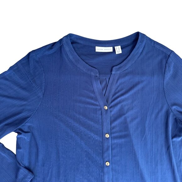 Susan‎ Graver Navy Liquid Knit Button Front Shirt Womens 1X Gold Buttons Career - Picture 6 of 8